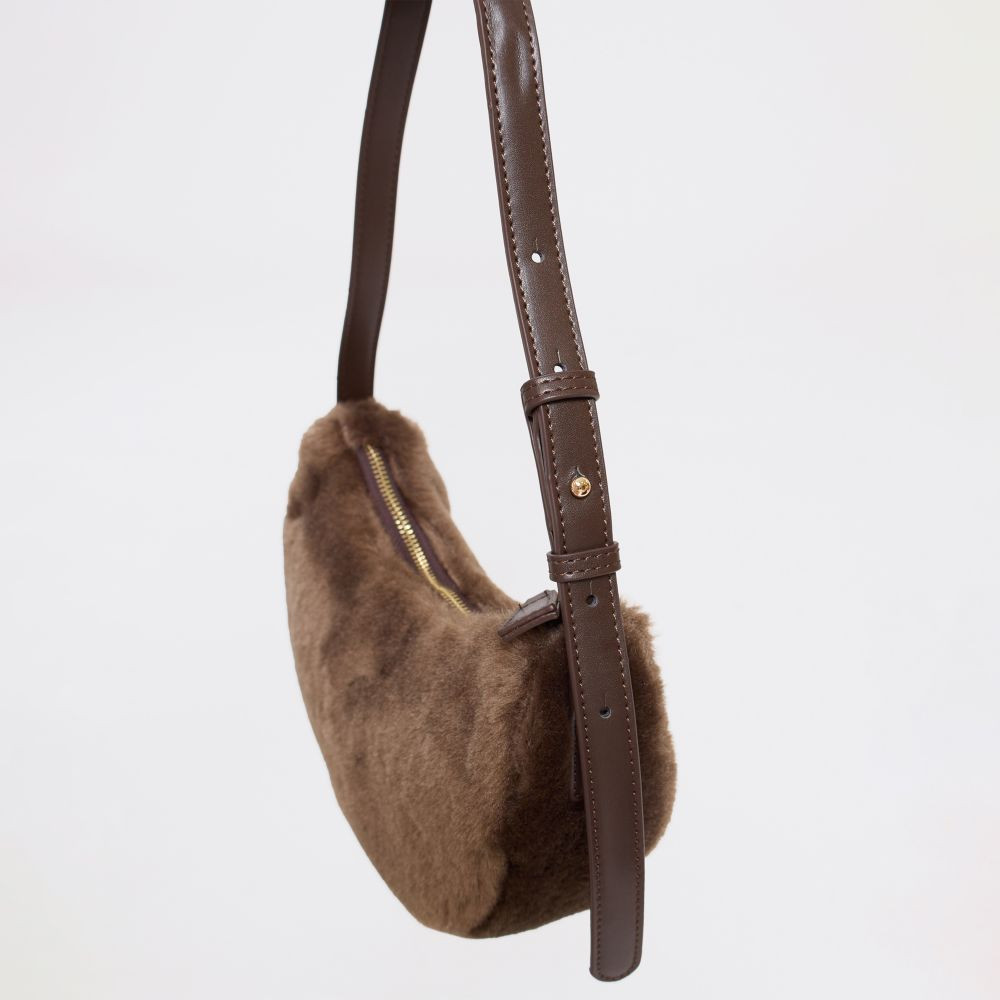 Ski Oval Shaped Detail Shoulder Bag In Brown Faux Fur | EGO (UK)