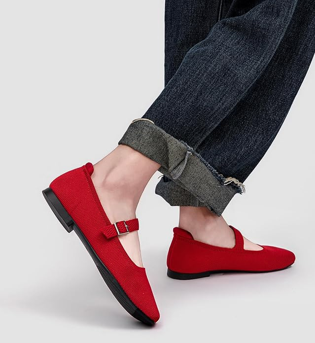 Ballet Flats for Women, Square Toe Mary Jane Shoes Comfortable Dressy Flats Adjustable Straps Was... | Amazon (US)
