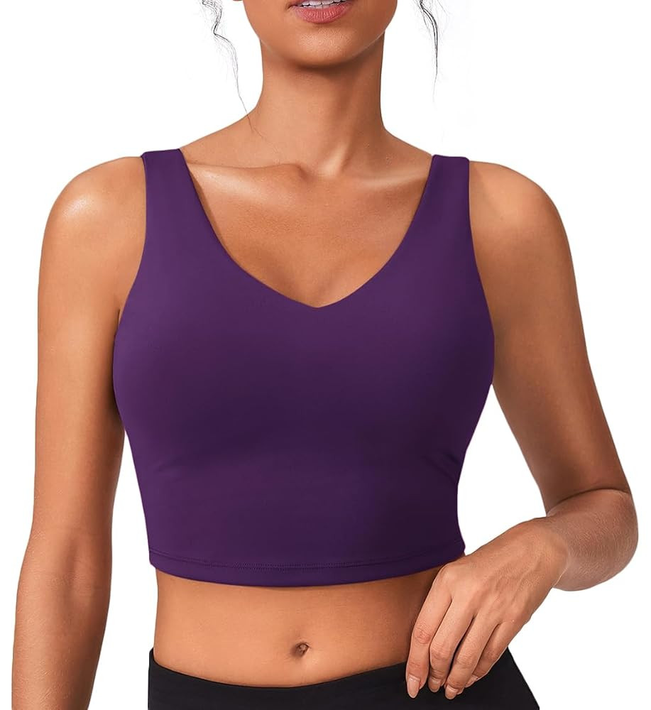 PINSPARK Sports Bras for Women Built in Bras Padded Yoga Bra V Neck Longline Workout Tank Tops wi... | Amazon (US)