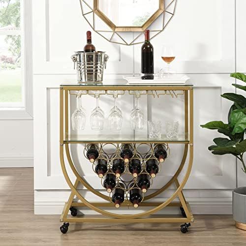 O&K FURNITURE Glass Bar Cart with Wine Rack, Bar Serving Cart on Wheels, Kitchen Storage Cart for... | Amazon (US)