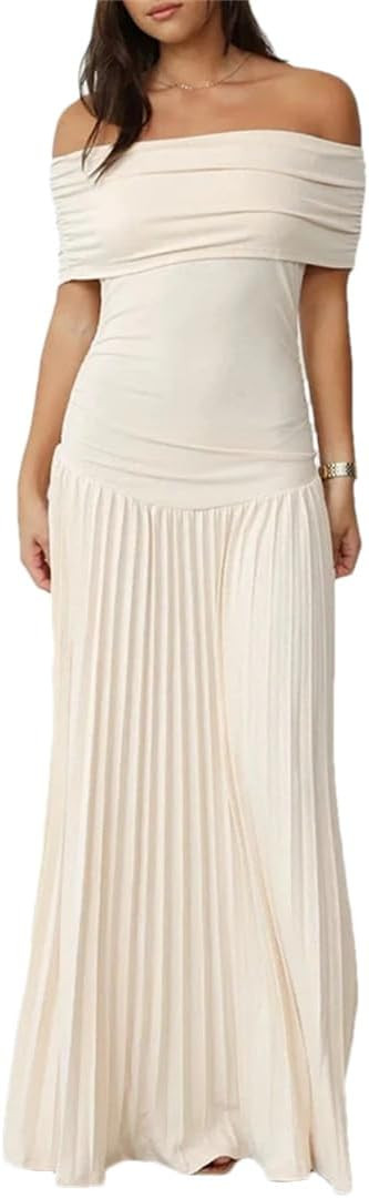 Women Shawl Sleeve French Style Dress Solid Color Folds Evening Off Shoulder Long Dresses | Amazon (US)