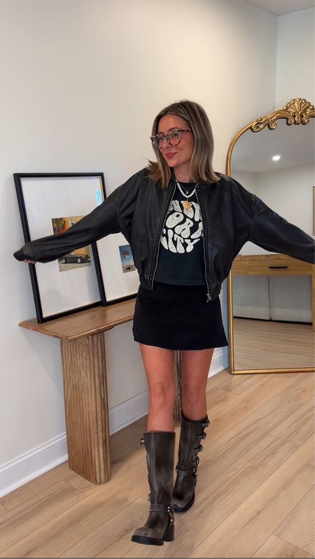 Tee is Brandy Melville and I can’t find it online anywhere 😭 jacket is size 2! Mini skirt is size small. Very thin material. Would wear a spandex short with it if I were going out since it’s thin & short. Boots are incredibly comfy - Steve Madden! 

#LTKfindsunder100 #LTKstyletip #LTKSeasonal