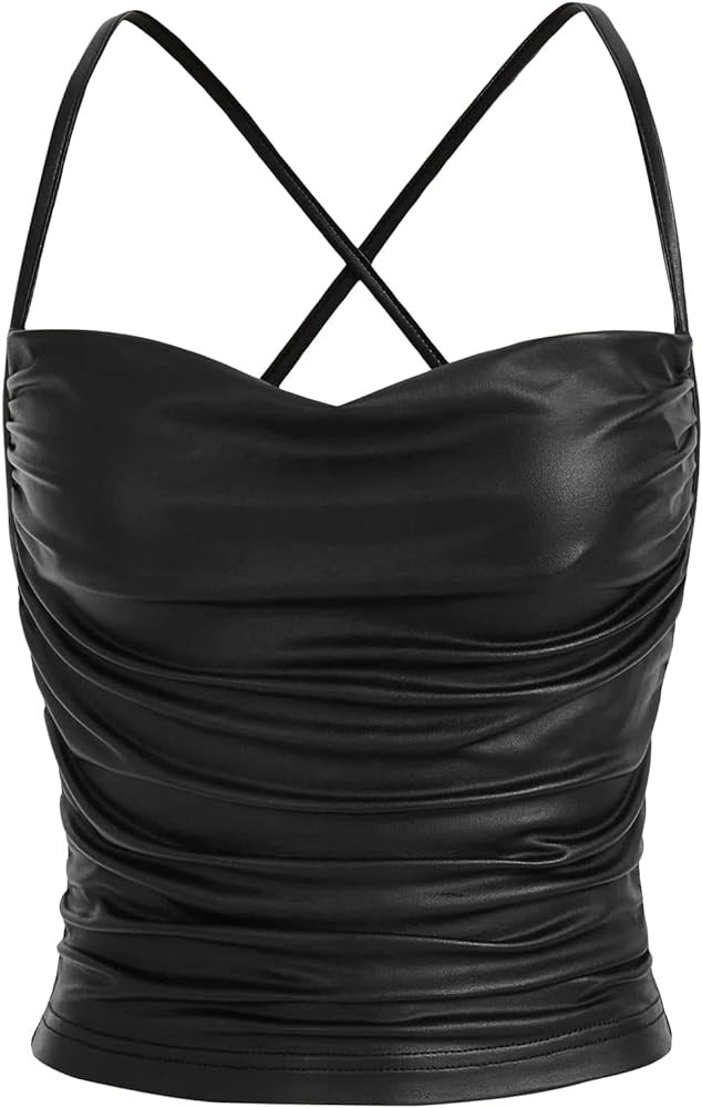 MakeMeChic Women's Faux Leather Top Criss Cross Ruched PU Leather Cami Tank Top Vest | Amazon (US)
