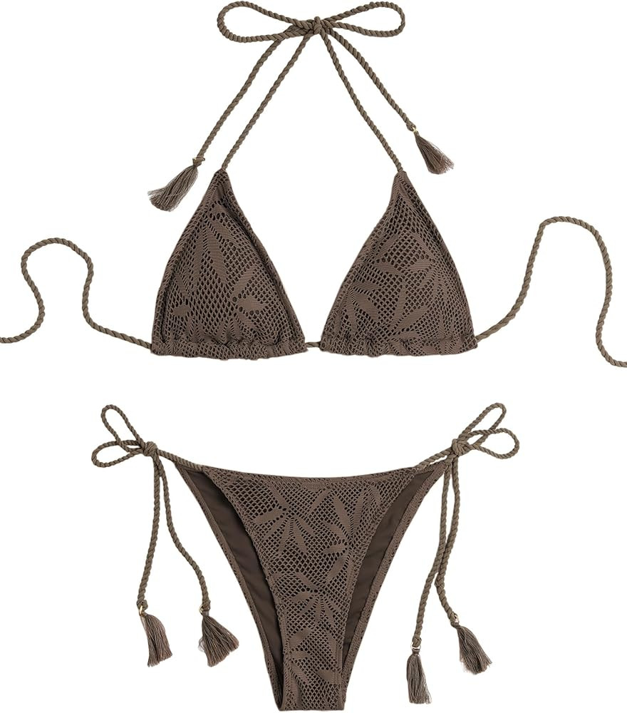 ZAFUL 2 Piece Triangle Bikini for Women Knitted Rope Halter Bikini Sets Sexy Bathing Suit Side Ti... | Amazon (US)