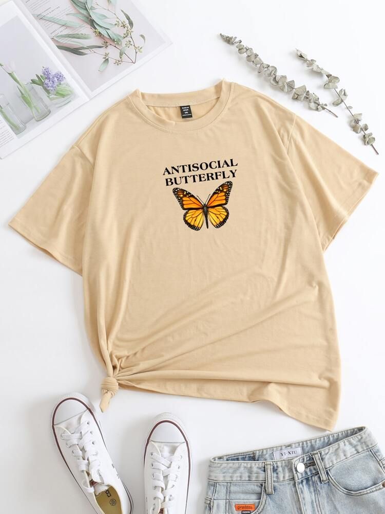Plus Letter & Butterfly Print Tee | SHEIN