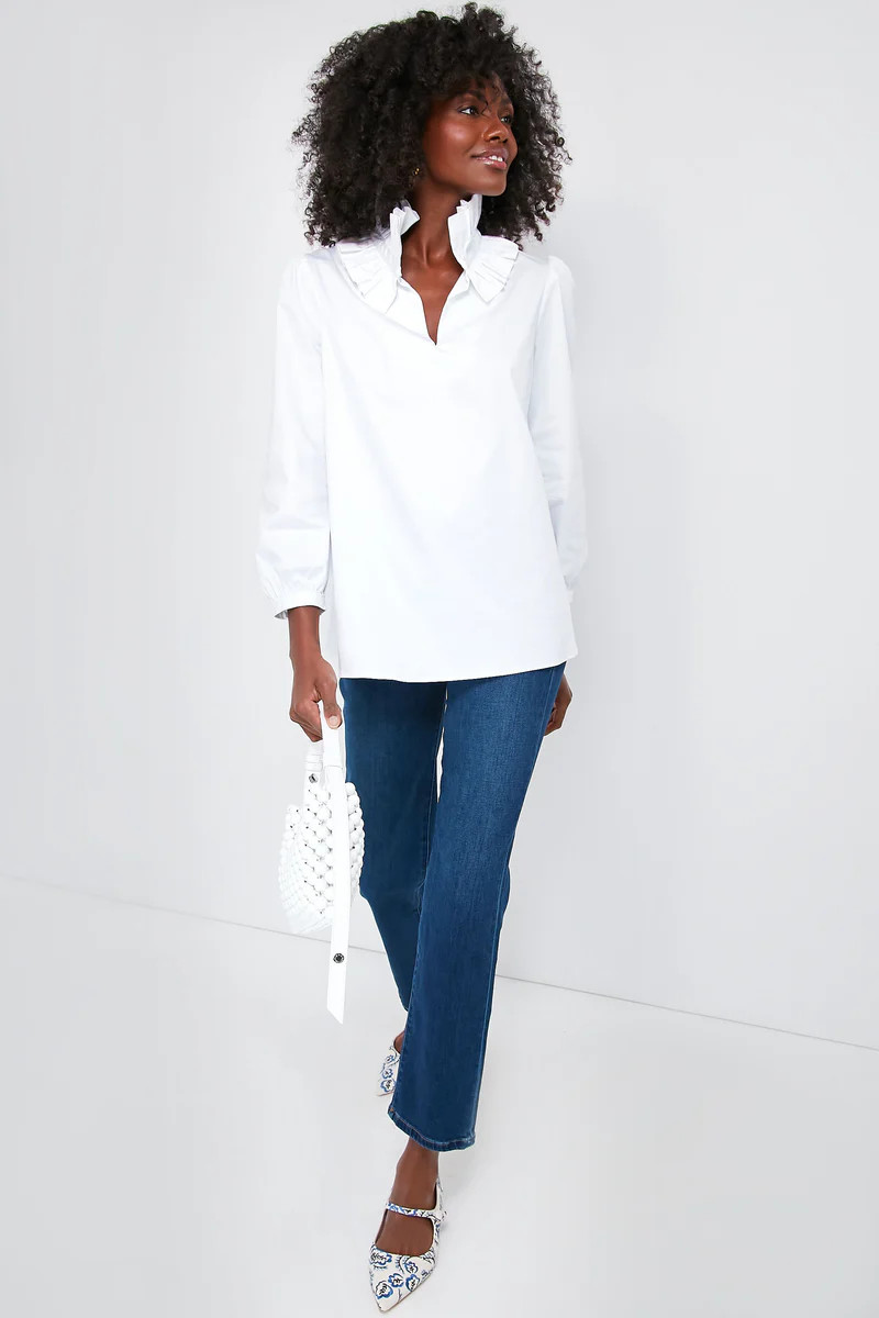White Stretch Poplin Ruffle Neck Bouvier Blouse | Tuckernuck (US)