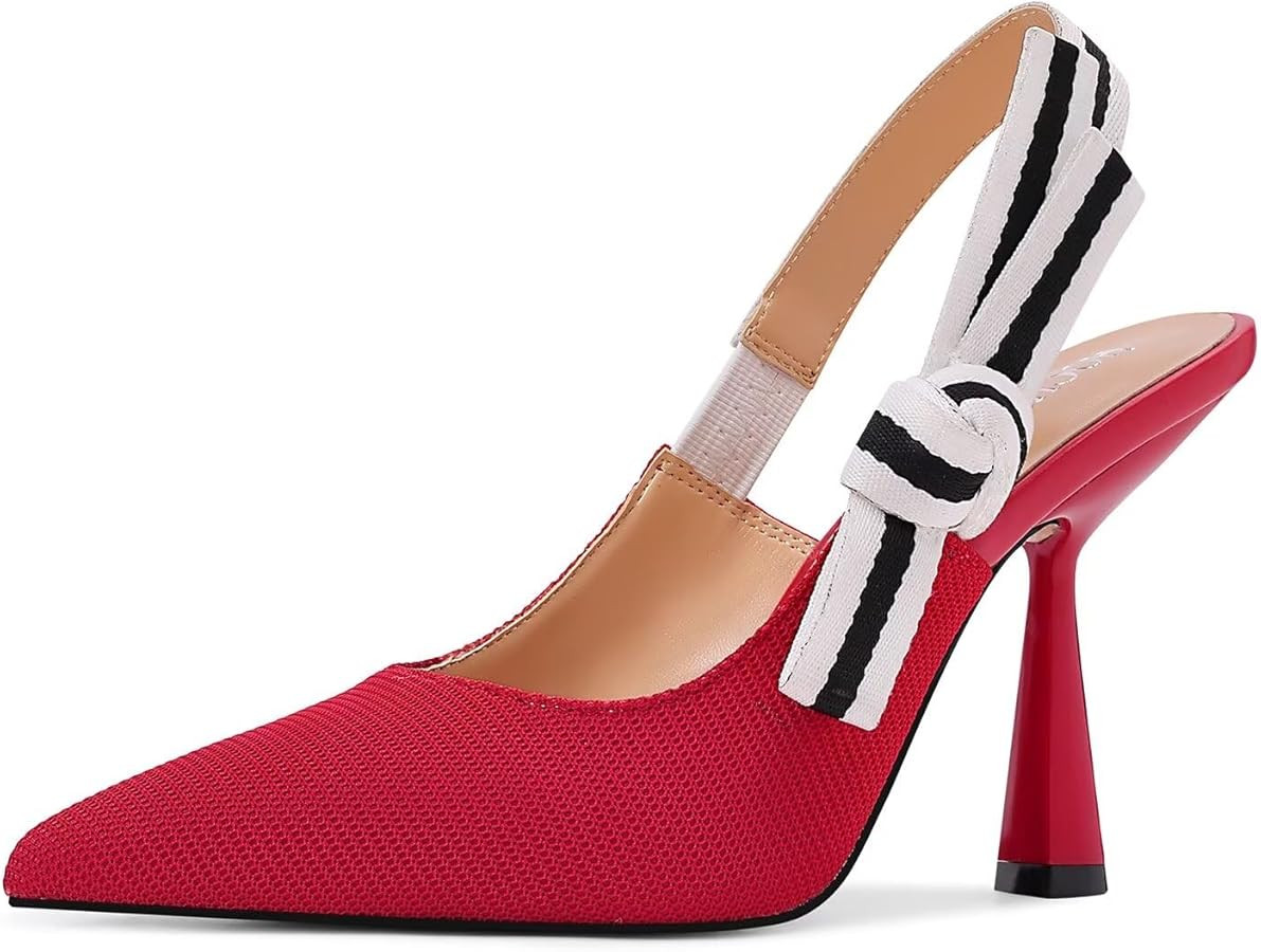 Slingback Heels for Women Closed Pointed Toe High Heels Bowknot Knitted Dress Work Wedding Pumps ... | Amazon (US)