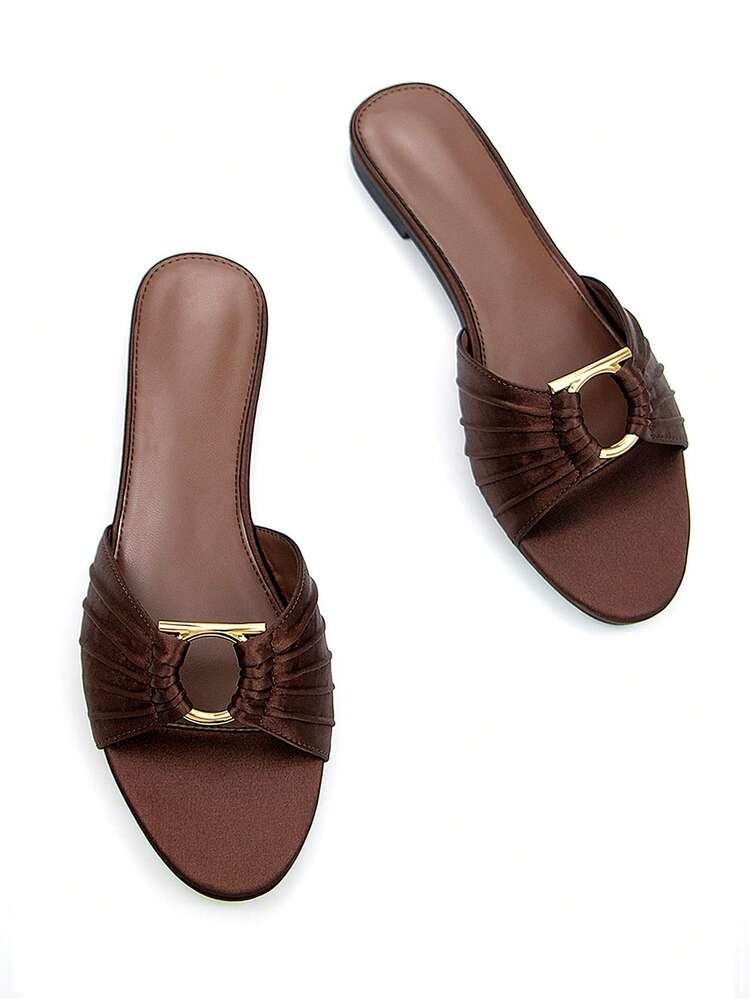 Women's Fashionable Gold Metal Buckle Pleated Chocolate Brown Satin Fabric Comfortable Round Toe Casual Party Flat Mule Sandals,Spring Summer Outfits | SHEIN