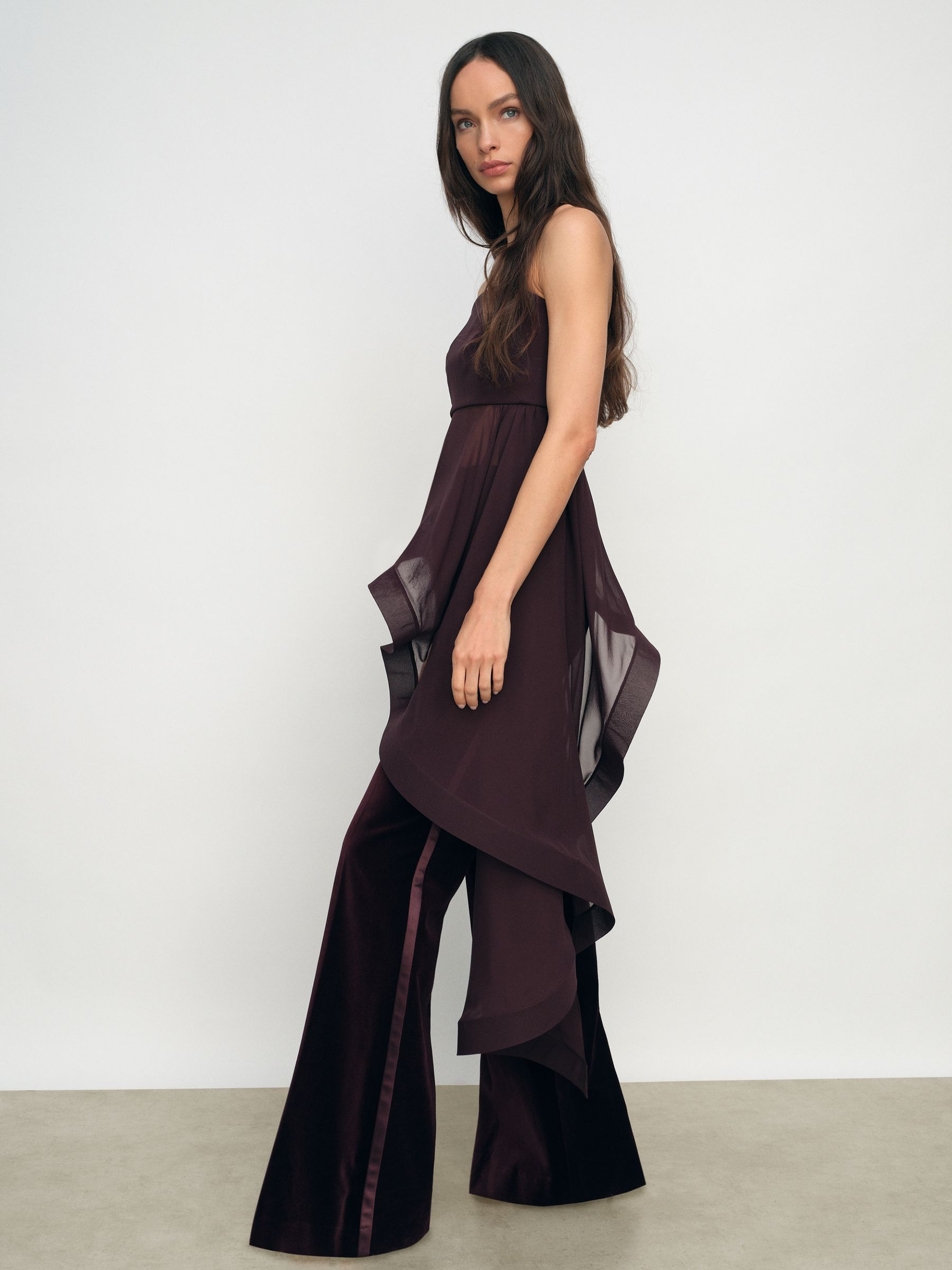 Reiss Silk Asymmetric-Ruffle Bandeau Top in Burgundy | REISS | Reiss US