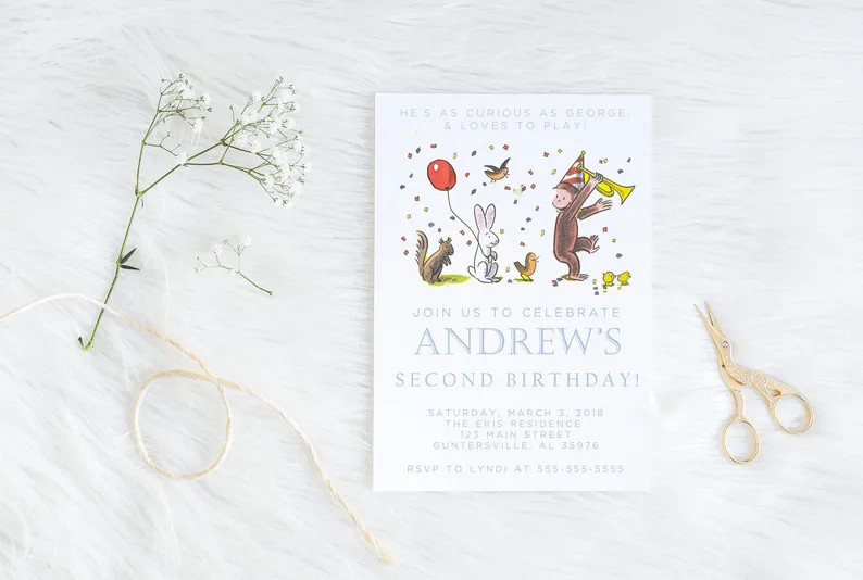 Curious George Invitation, Watercolor Curious George, Simple Curious George Invitation, Birthday ... | Etsy (US)