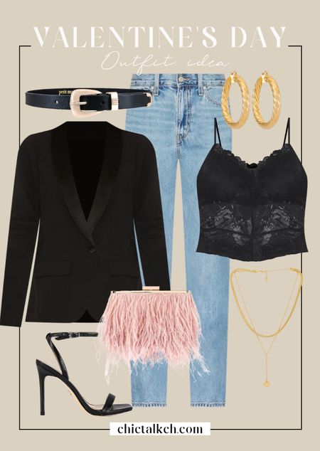 Valentine’s day outfit idea! 
Jeans, blazer, lace top, date night look, feather bag. 

#LTKitbag #LTKunder100 #LTKstyletip