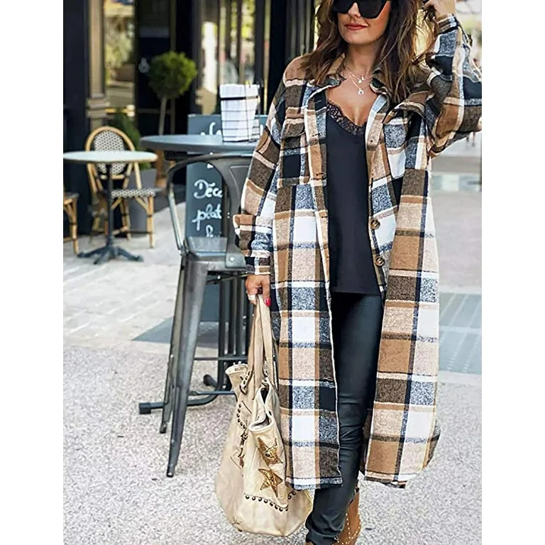 Fantaslook Flannel Shirts for Women Button Up Plaid Shirt Long Pocketed Shacket Jacket Coat | Walmart (US)
