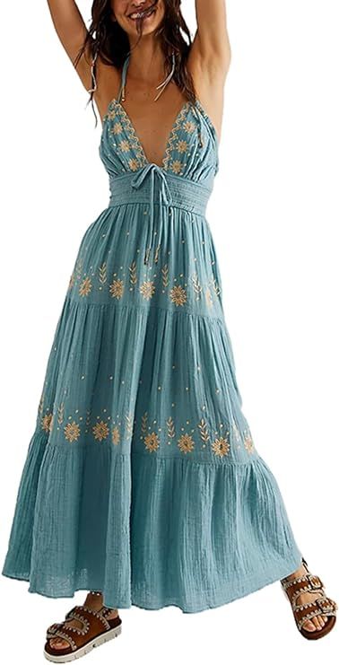Argeousgor Boho Flowy Maxi Dress for Women Spaghetti Strap Open Back Embroidered Tiered Swing Sum... | Amazon (US)