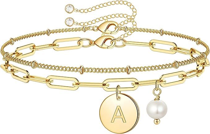 Mothers Day Gifts for Mom Gold Bracelet, 14K Gold Plated Charm Letter Initial Bracelet Adjustable... | Amazon (US)