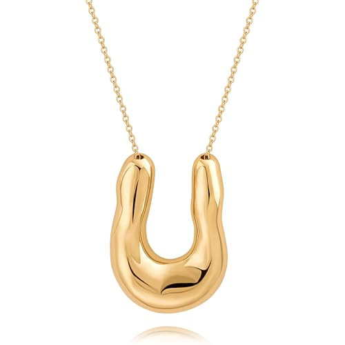 PERNNLA PEARL Statement Pendant Long Gold Chain Necklace for Women Trendy Personalized Horseshoe Necklace Dainty Chunky Gold Necklace | Amazon (US)