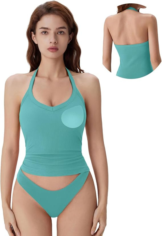 SUUKSESS Halter Tank Top for Women with Built in Bra Cotton Ribbed V Neck Cami | Amazon (US)