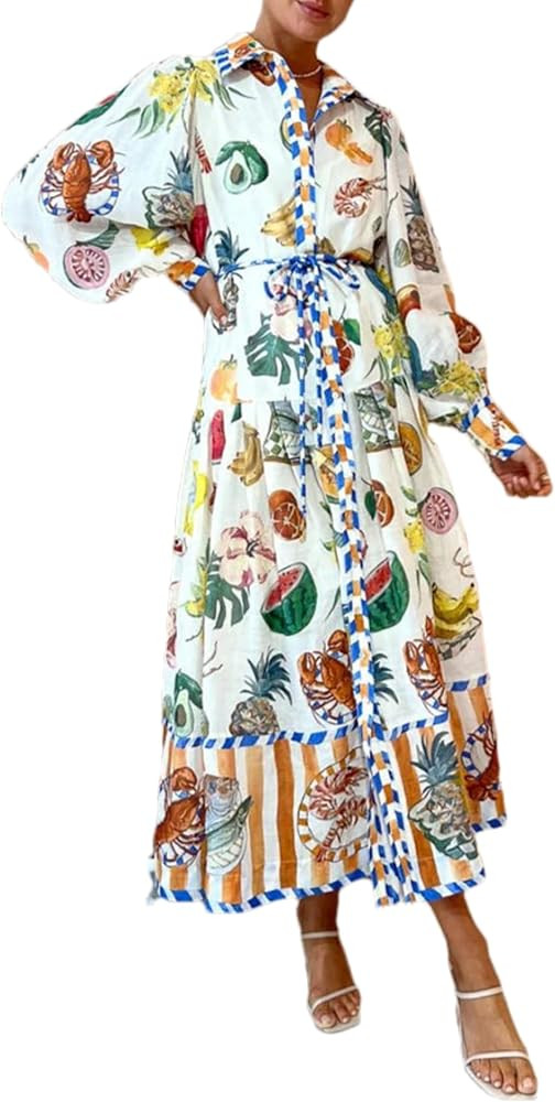 Women's Bohemian Printed Shirt Dress Long Sleeve Button Down Maxi Dress with Waist Belt Vibrant H... | Amazon (US)