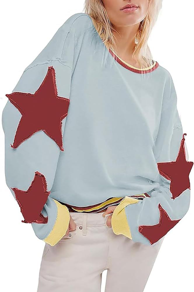 utcoco Oversized Sweatshirt for Women Star Patches Crew Neck Long Sleeve Shirts Hoodies Fashion Y... | Amazon (US)