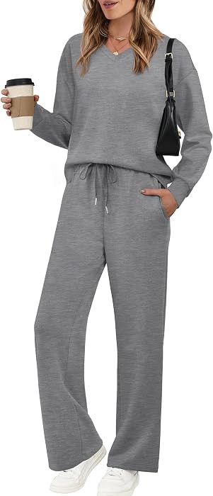 WIHOLL Lounge Sets for Women 2026 V Neck 2 Piece Outfits Airport Wide Leg Pants Matching Set Swea... | Amazon (US)