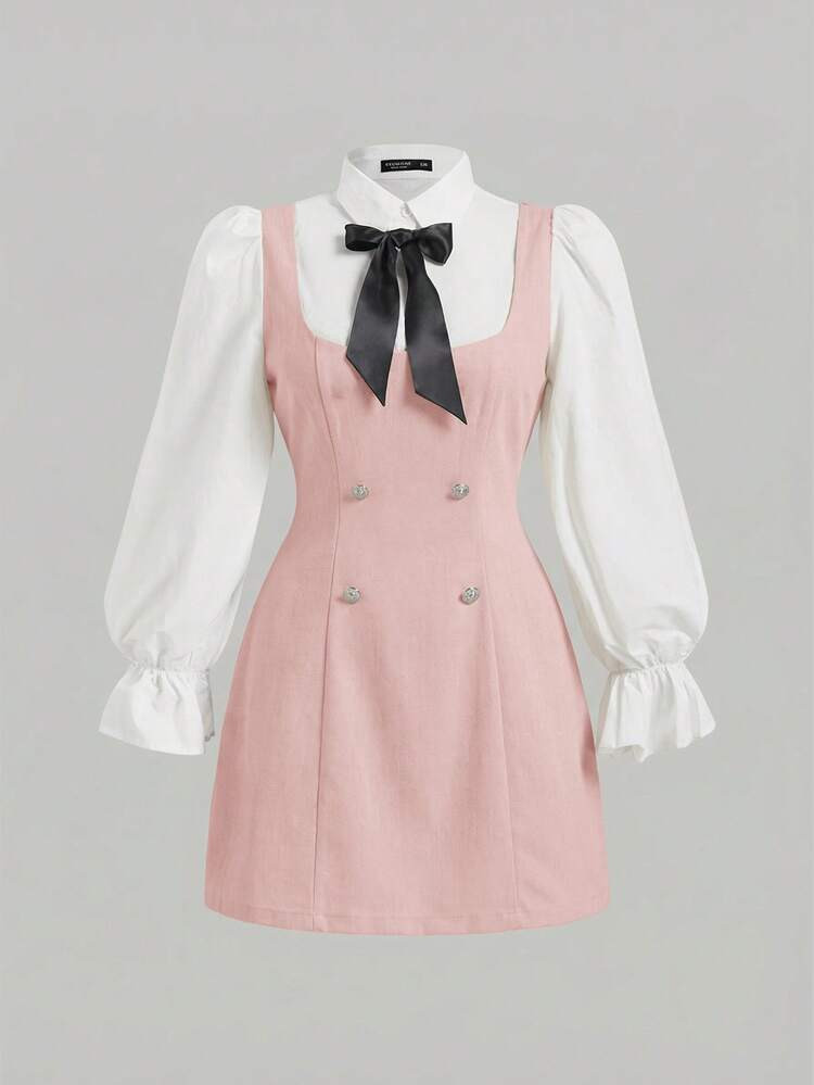 SHEIN MOD Plus Size Bow Front Flounce Sleeve 2 In 1 Dress | SHEIN