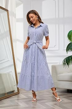 utcoco Womens Casual Short Sleeve Button Down Tie Waist Ruffled Striped Maxi Shirt Dress | Amazon (US)