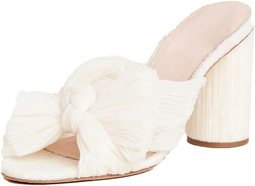 Uacllcau Women's Bow Heeled Sandals Open Toe Chunky Heels Slide Sandal Bridal Wedding Ladies Dres... | Amazon (US)