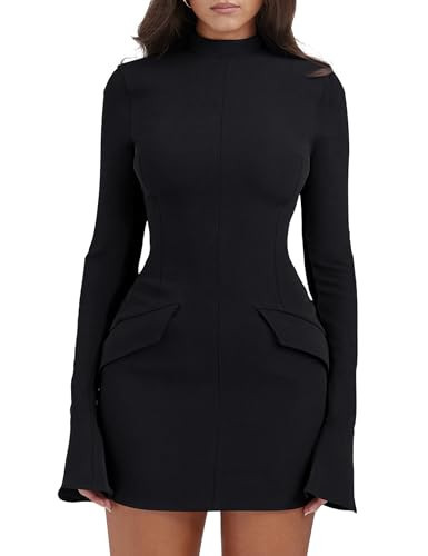 YMDUCH Women's Long Sleeve Mock Turtle Neck Bodycon Mini Tank Short Party Dress Black | Amazon (US)