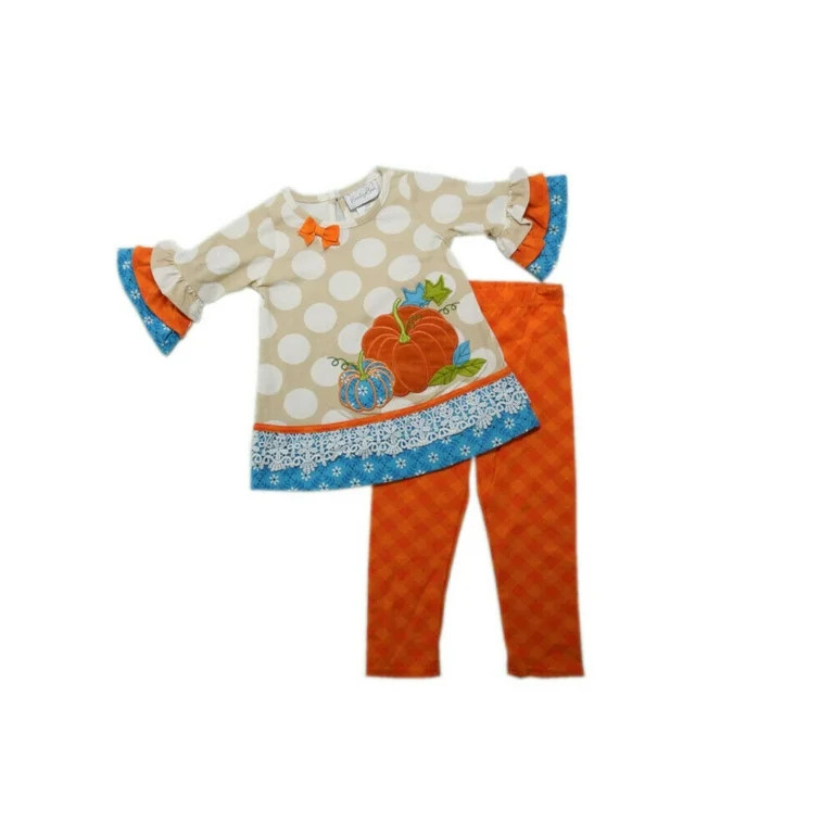 Emily Rose Girls 2PC Thanksgiving Pumpkin Teal Orange Dot Ruffled in Oatmeal, Size 5 - Walmart.co... | Walmart (US)