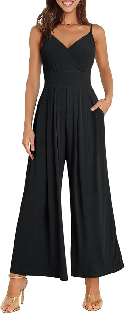 ANRABESS Jumpsuits for Women 2025 Summer Dressy Spaghetti Strap V Neck Wide Leg Overalls Flowy Ro... | Amazon (US)