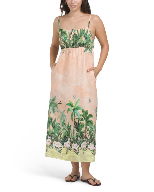 Made In Italy Linen Blend Sleeveless Tropical Print Maxi Dress | TJ Maxx