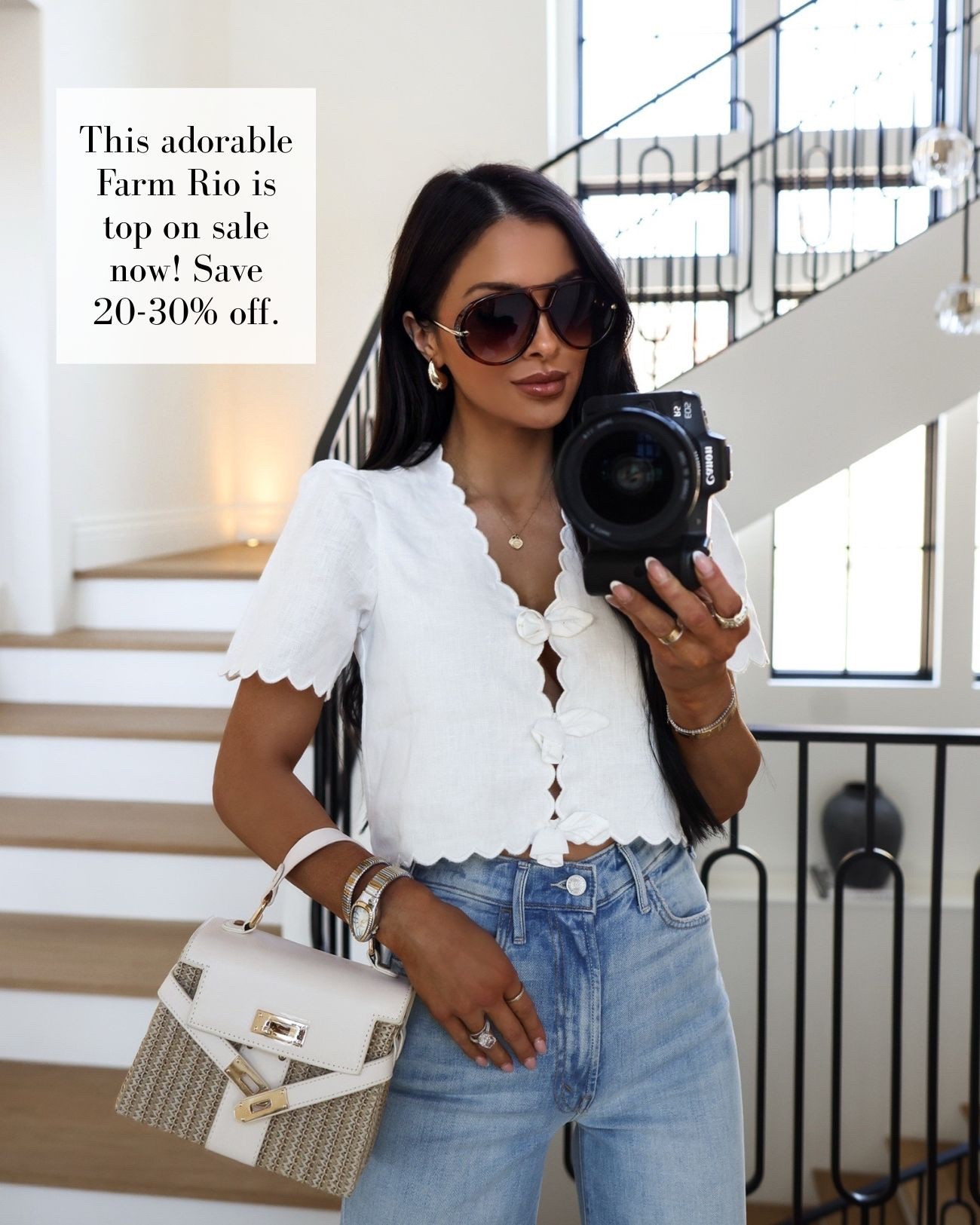 Spring weekend sales! Save 30% off at Bloomingdale’s! My farm Rio white top is on sale - I always get asked about this scalloped top. It’s so fun and feminine and will carry you into summer. Paired it with the viral mother jeans and Amazon designer look sunglasses. 

Spring transition outfit, Miamiamine, vacation outfit, spring tops 



#LTKootd #LTKSaleAlert #LTKTravel