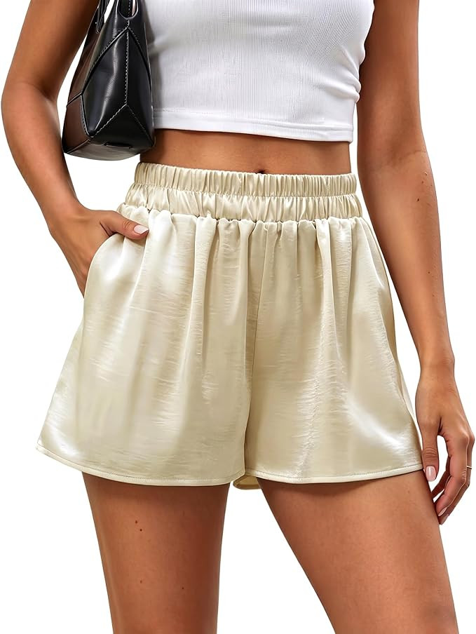 Satin Shorts for Women - High Waisted Silk Shorts with Pockets Y2K Casual Mini Summer Vacation Go... | Amazon (US)