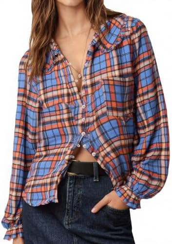Tankaneo Womens Peter Pan Collar Button Down Shirts Long Sleeve Plaid Blouse Dressy Casual Fall T... | Amazon (US)
