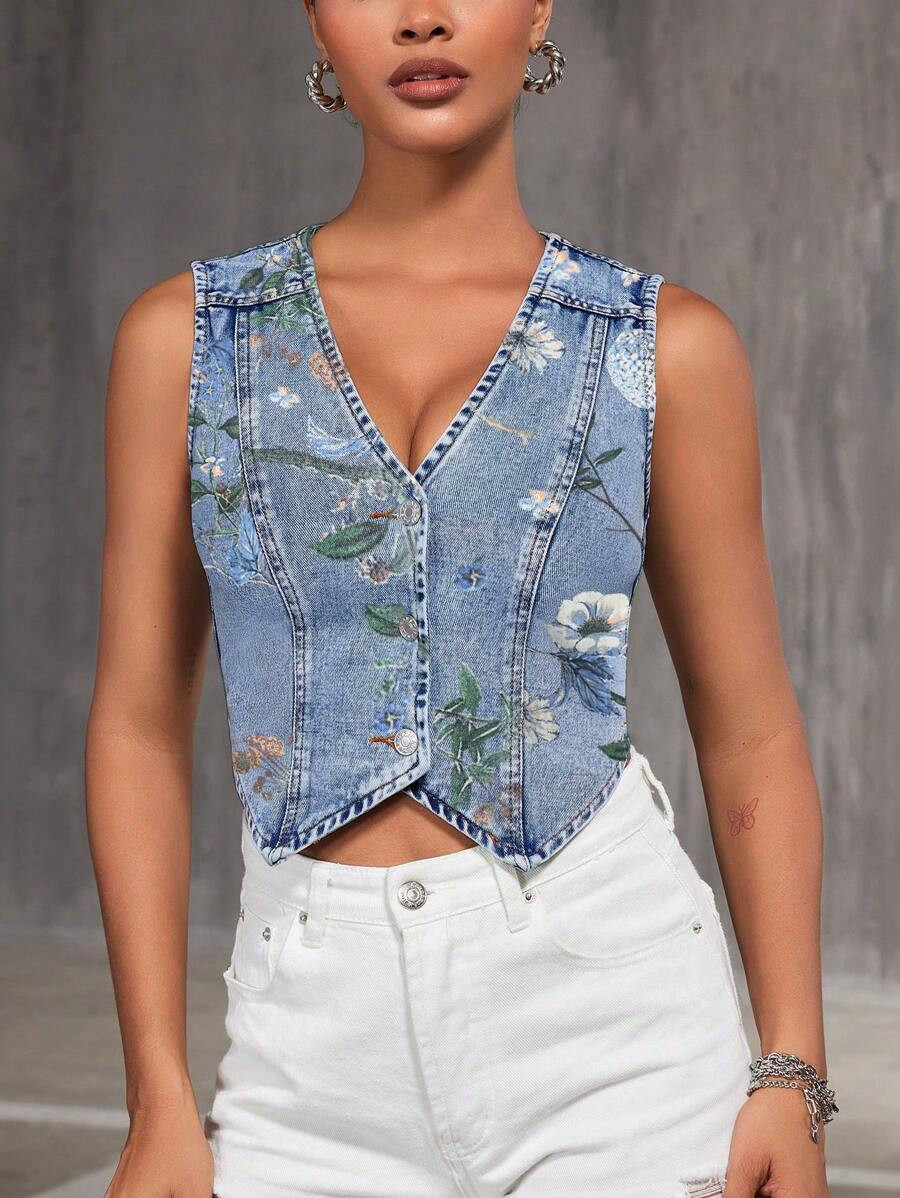 SHEIN BAE Women's Casual Floral Print Denim Vest Top, Summer | SHEIN