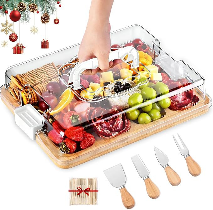 Charcuterie Board with Lid and Handle, Portable Travel Bamboo Cheese Board Set with 4 Cheese Tool... | Amazon (US)