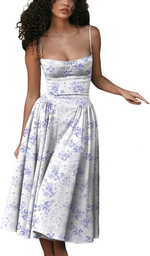 Womens Corset Dress Elegant Spaghetti Strap A-line Dress Sexy Low Cut Midi Dress Flowy Pleated He... | Amazon (US)