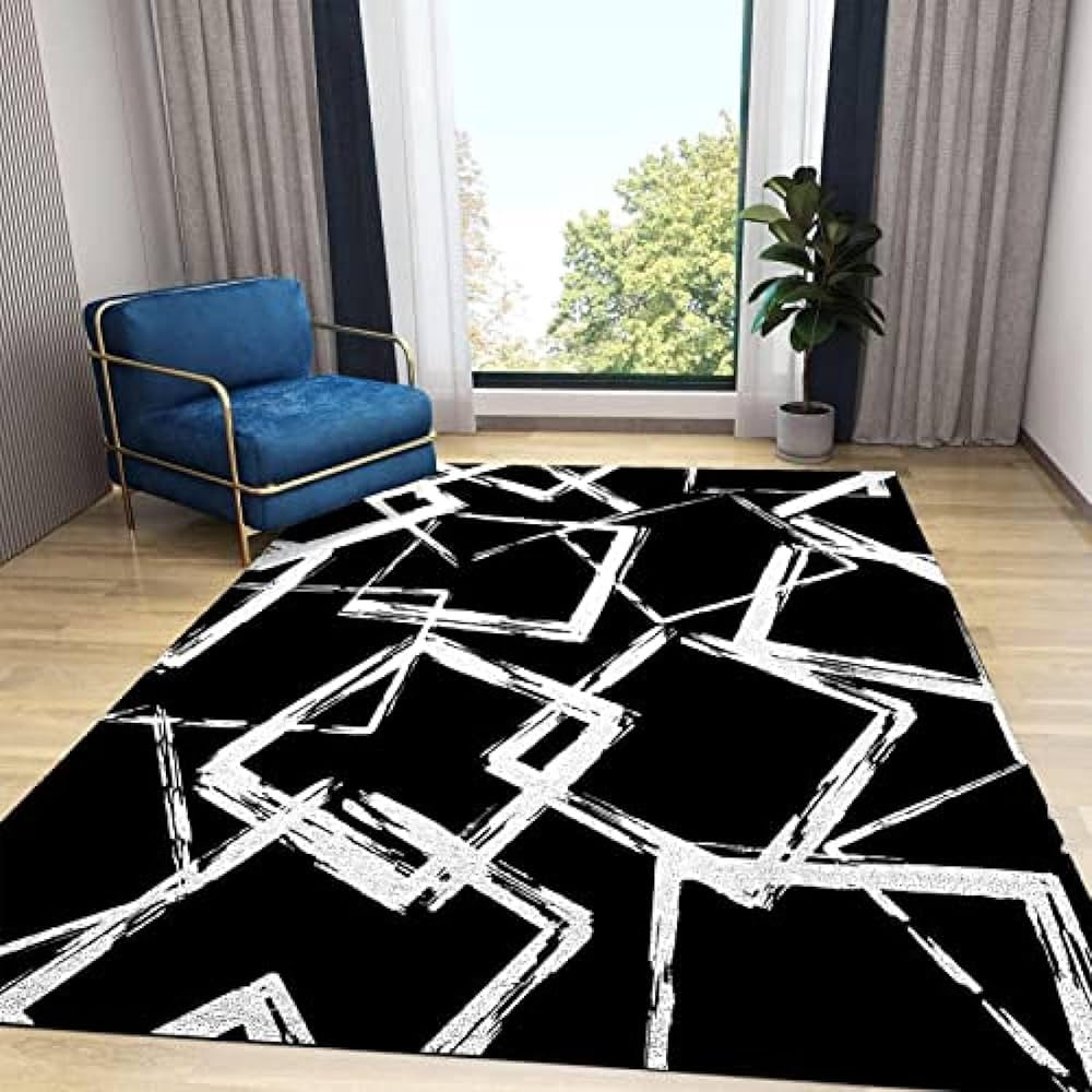 Modern Black and White Square Area Rug, Abstract Geometric Line Art Large Area Rugs, Foldable Car... | Amazon (US)