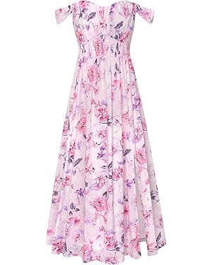 GRACE KARIN Summer Floral Dress for Women 2026,Off the Shoulder Smocked Bridesmaid Dresses,Formal... | Amazon (US)
