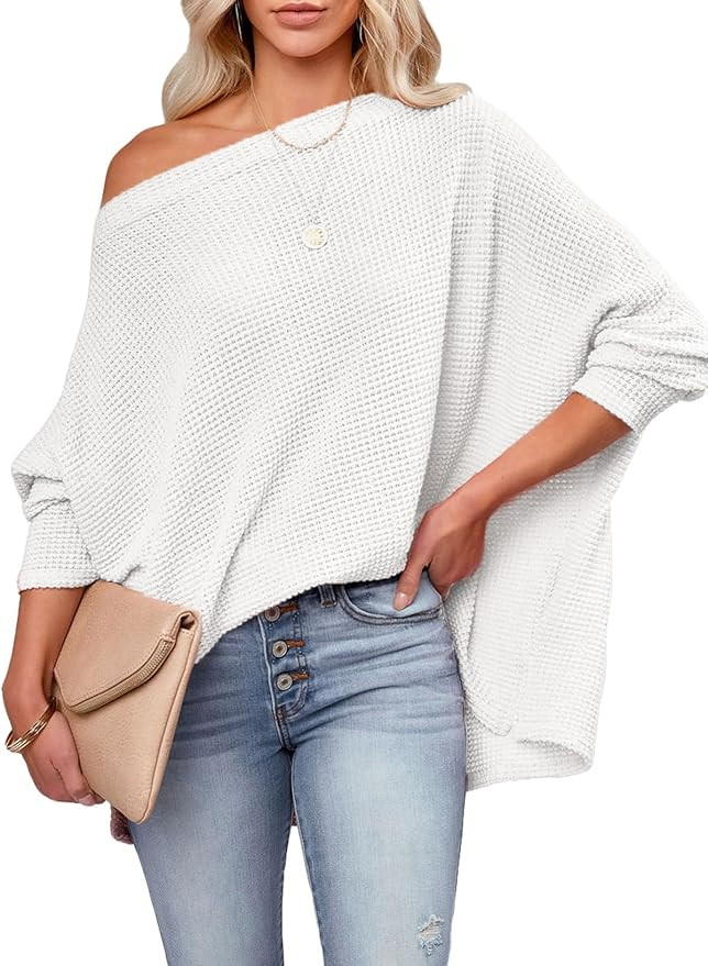 Dokotoo Women's Casual Boat Neck Off The Shoulder Long Sleeve Waffle Knit Loose Tunic Tops Blouse... | Amazon (US)