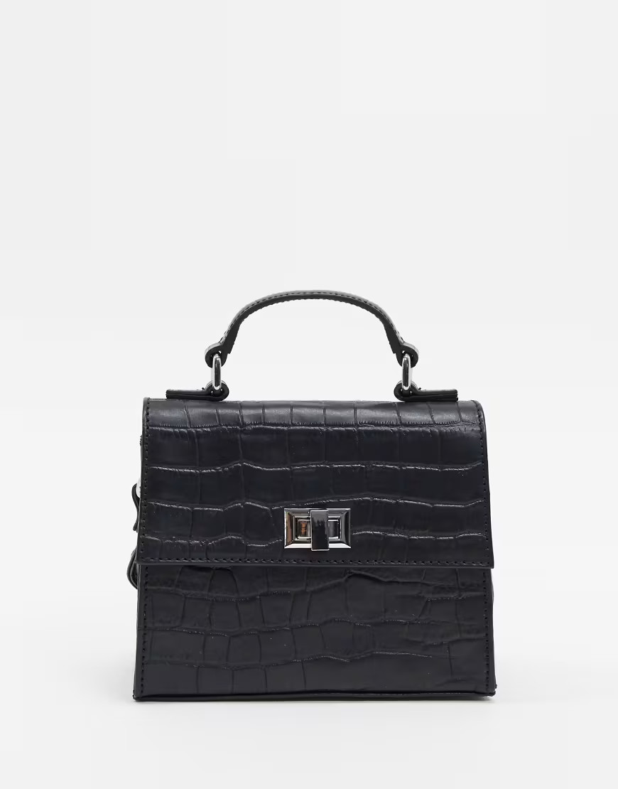 ASOS DESIGN LEATHER cross body croc mini satchel bag-Black | ASOS (Global)