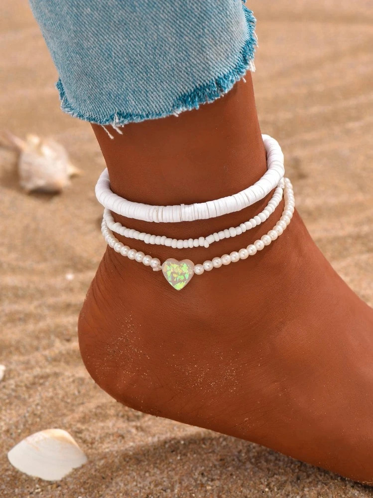 3pcs/Set Fashionable Soft Ceramic Rice Beads Faux Pearl & Heart Charm Anklet Set(Random Color), Suitable For Women's Daily Wear Valentines | SHEIN