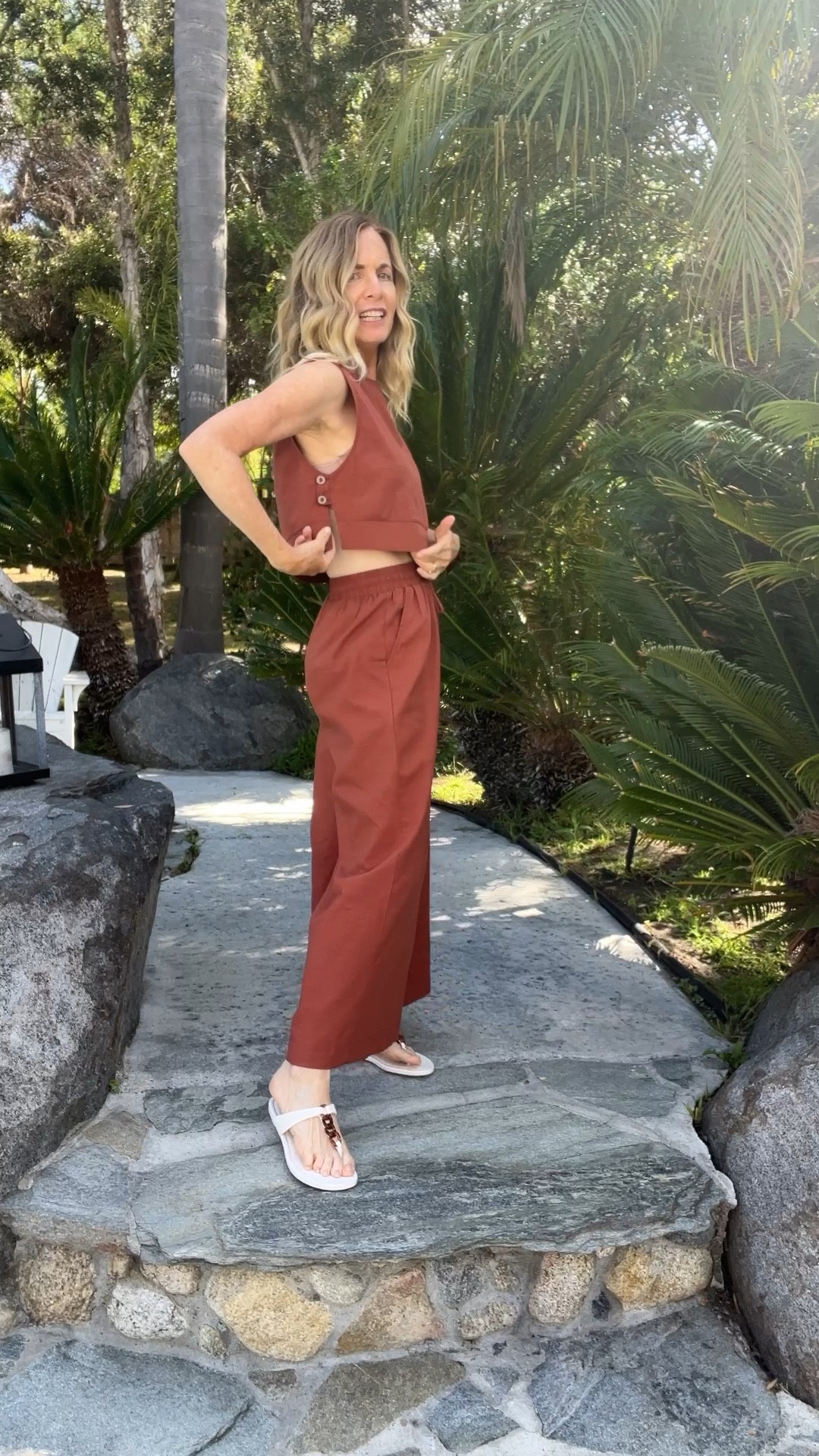 Budget friendly linen 2 piece set. Comes with sleeveless top and wide leg cropped pants. 
It comes in a rainbow of colors!
I’m 5’4” wearing small.

#LTKSeasonal #LTKVideo #LTKOver40