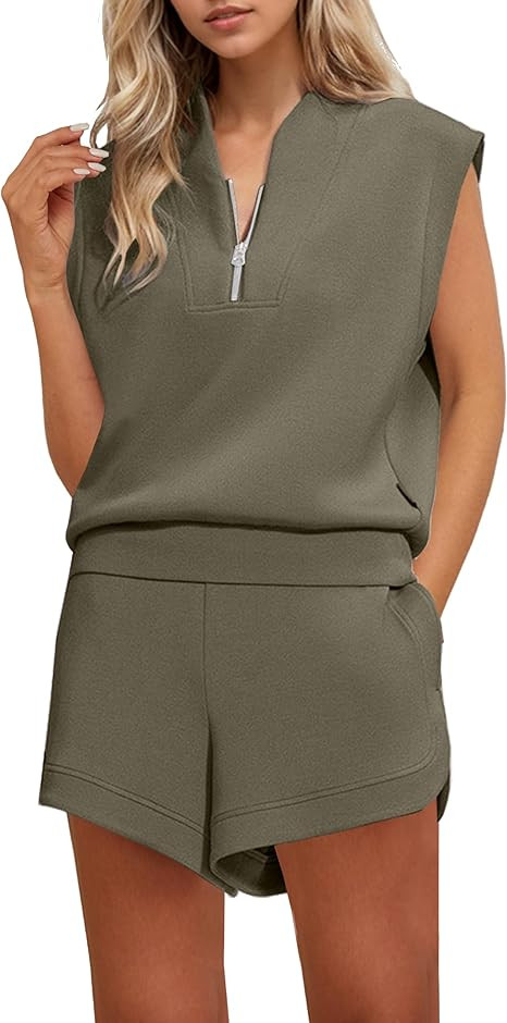 Women Two Piece Outfits Half Zip Sweatshirt Shorts Set Cap Sleeve Sweatshirt High Drawstring Wais... | Amazon (US)