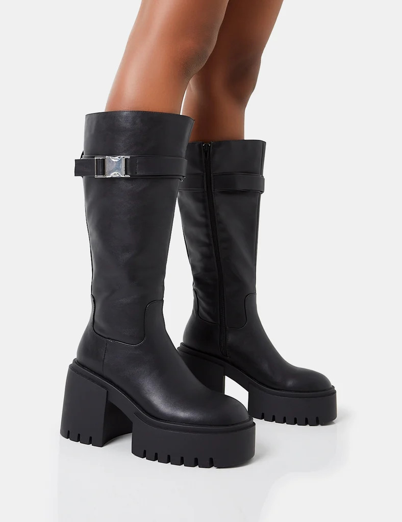 Alaska Black Pu Calf Strap Buckle Detailed Knee High Chunky Sole Block Heel Boots | Public Desire (US & CA)