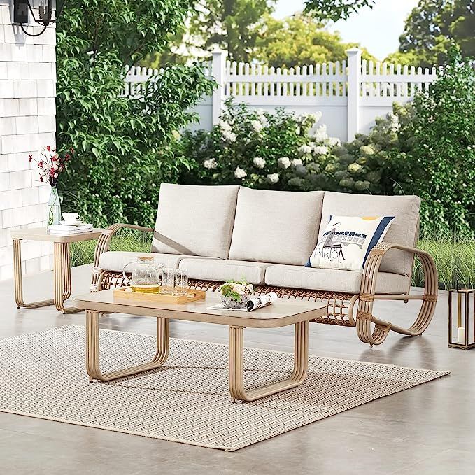 Ulax Furniture Outdoor 3-Piece Sofa Set, Patio Conversation Furniture Set with One 3-Seater Sofa,... | Amazon (US)