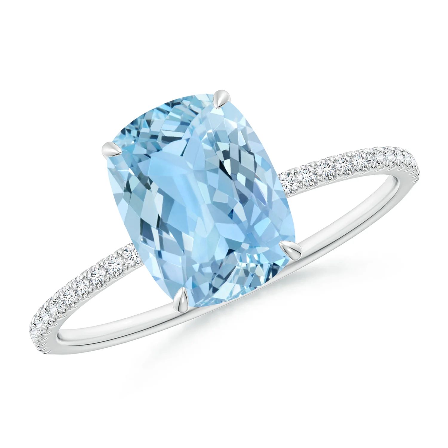 Thin Shank Cushion Cut Aquamarine Ring With Diamond Accents | Angara | Angara US
