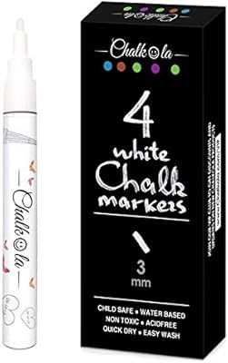 White Chalk Markers Fine Tip (4 Pack 3mm) - Wet & Dry Erase Chalk Pens for Blackboard, Chalkboard... | Amazon (US)