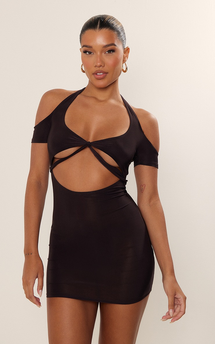 Chocolate Slinky Twist Detail Halter Tie Bodycon Dress | PrettyLittleThing US