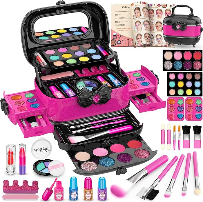 Hollyhi 58 Pcs Kids Makeup Kit for Girl, Princess Toys Real Washable Cosmetic Set with Mirror, Ki... | Amazon (US)