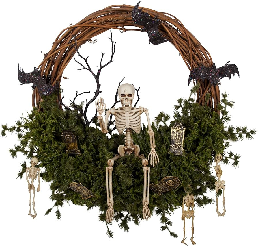 20" Halloween Wreath for Front Door, Natural Grapevine Wreath with Faux Moss Skeleton Bat Tombsto... | Amazon (US)